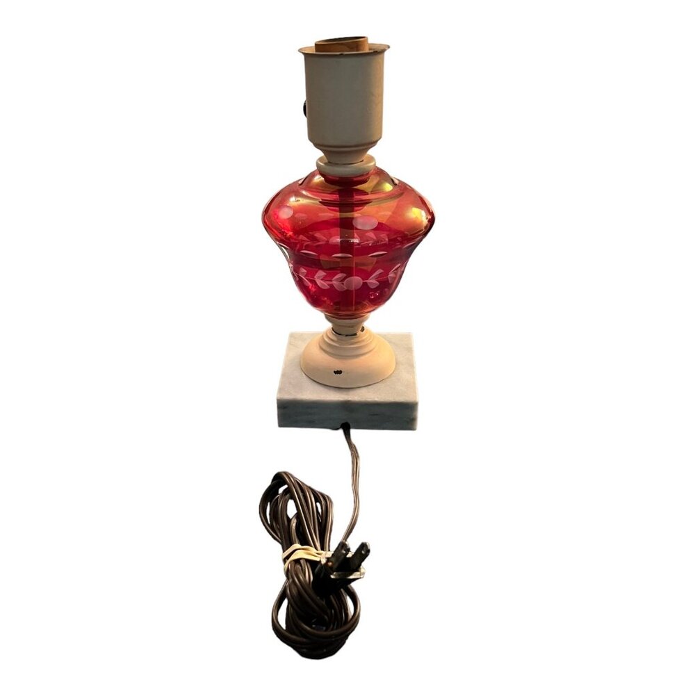 Vintage Red Glass Accent Table Lamp With White Floral Etching & Marble Base 9" T - Picture 5 of 11